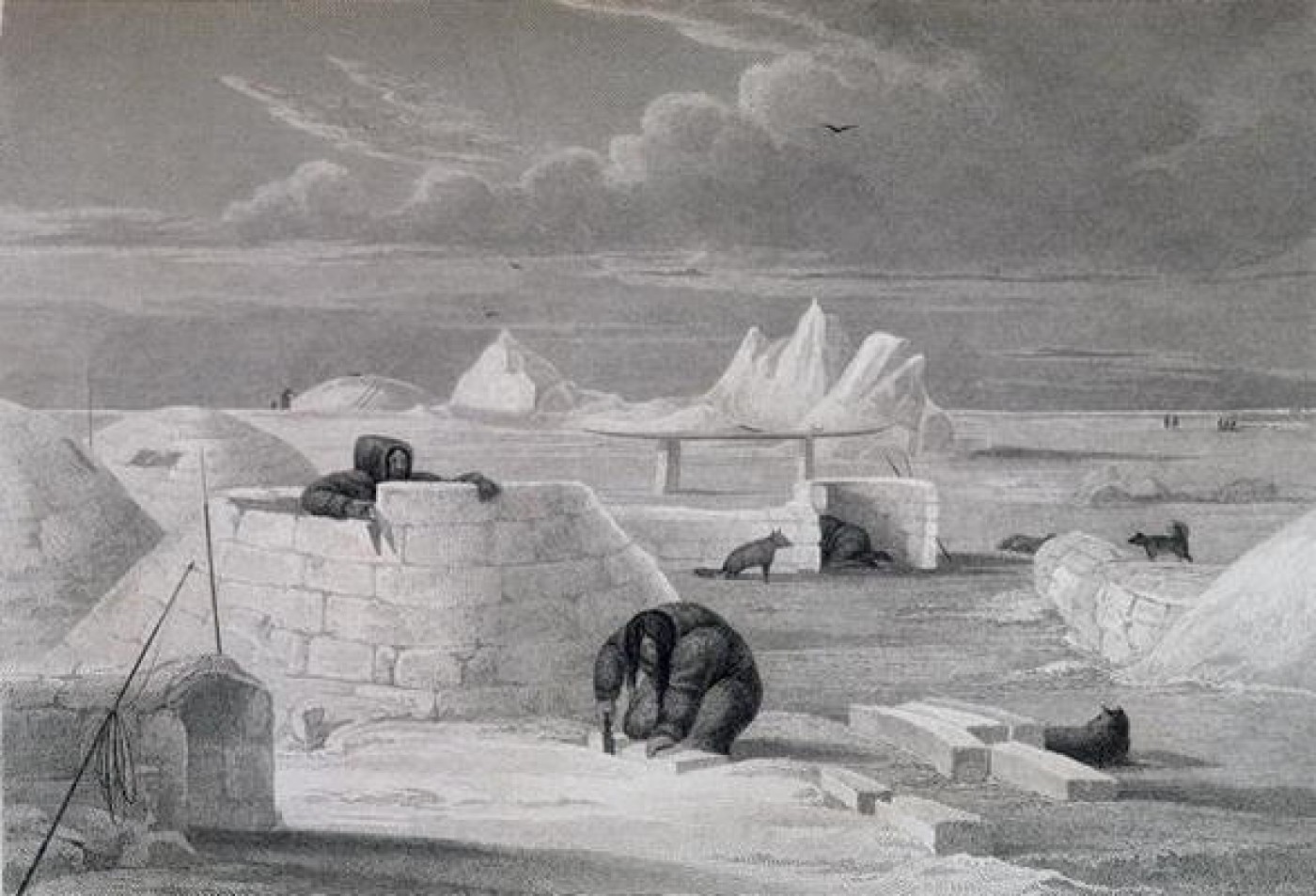 Drawn and engraved by Edward Finden from a sketch by Capt. George Francis Lyon, Eskimaux Building a Snow-hut, from the The Private Journal of Captain G F Lyon of HMS Hecla during the recent Voyage of Discovery under Captain Parry, Captain George Francis Lyon