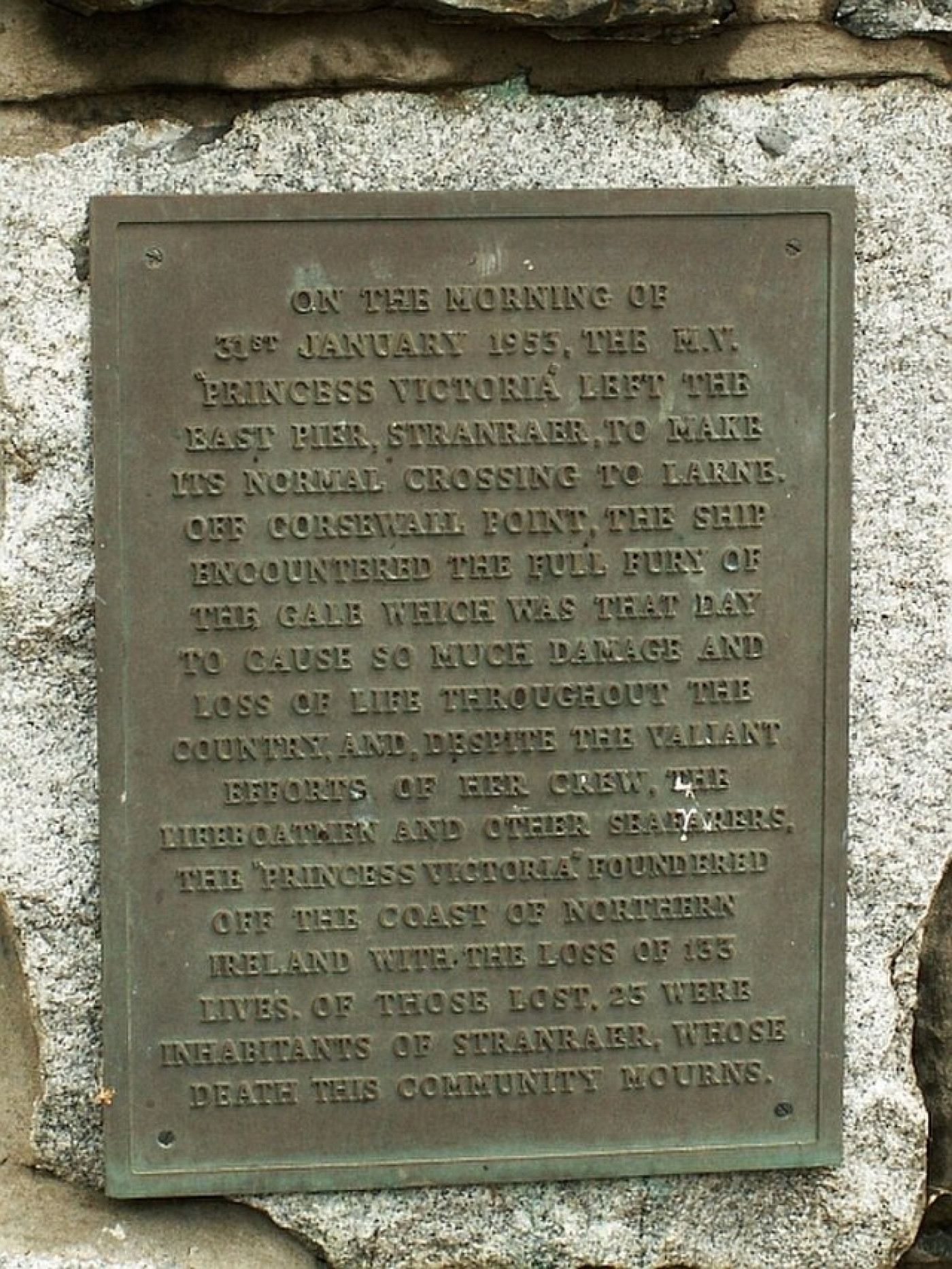 A plaque on MV Princess Victoria memorial in Agnew Park