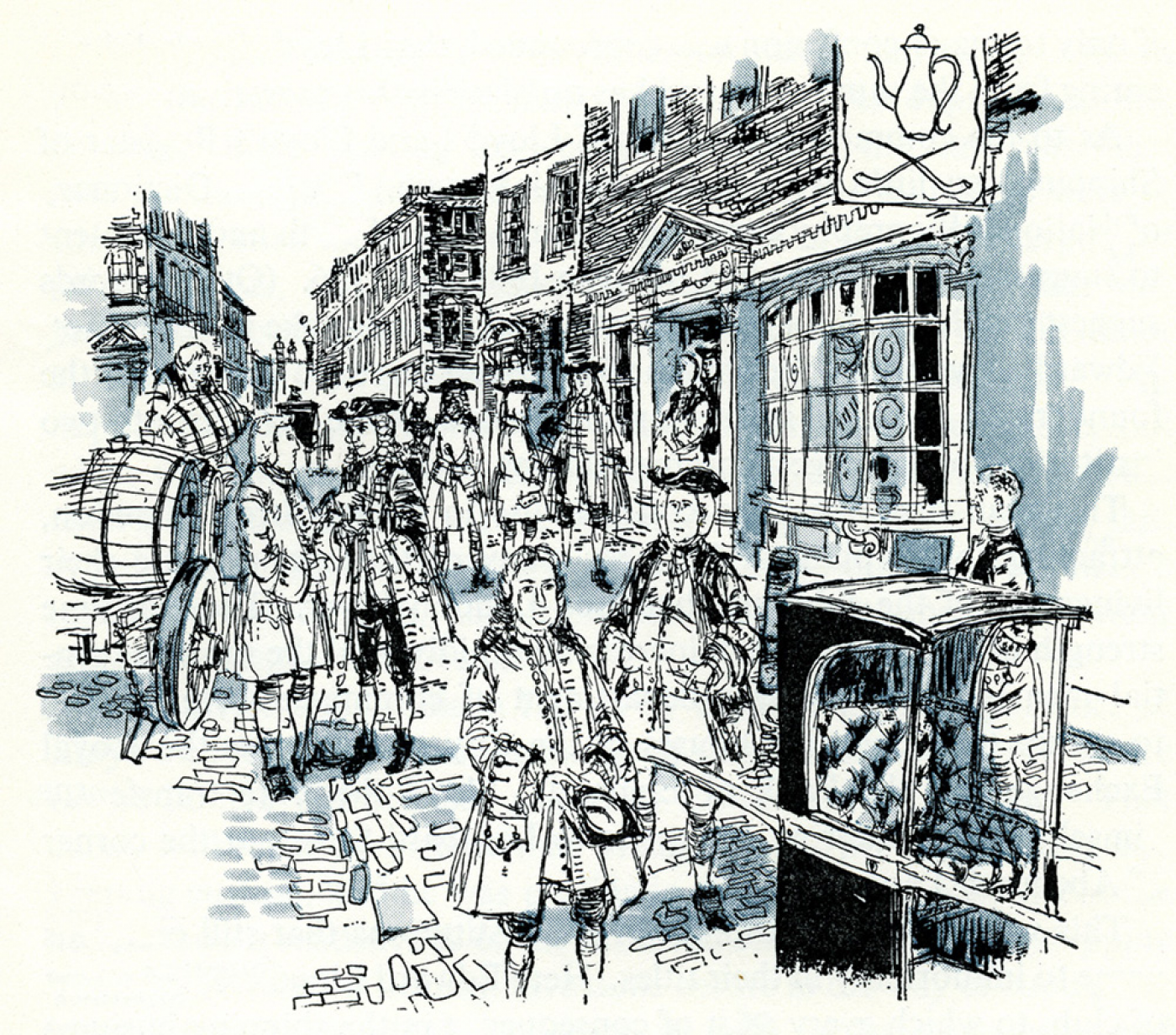 An artistic representation of the Lloyd's Coffee House in the 18th century