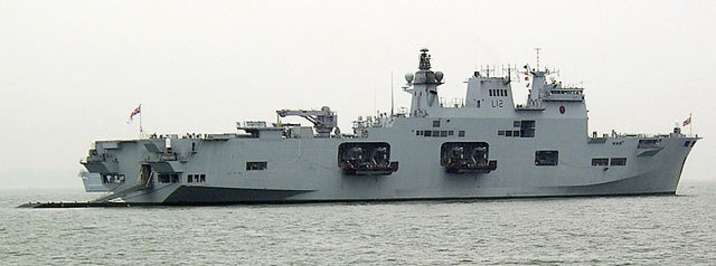 HMS Ocean at the 2005 International Fleet Review, showing Landing Craft on davits and Stern Ramp dep