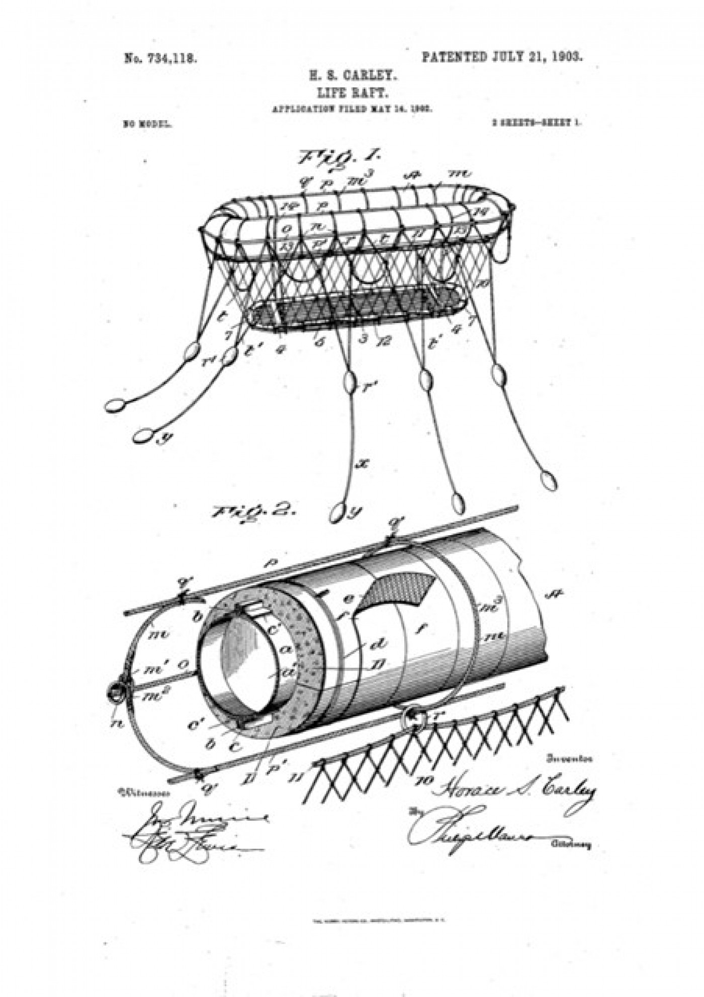 Illustration from 1903 US Patent 734118 for the Carley Life Raft, in public domain