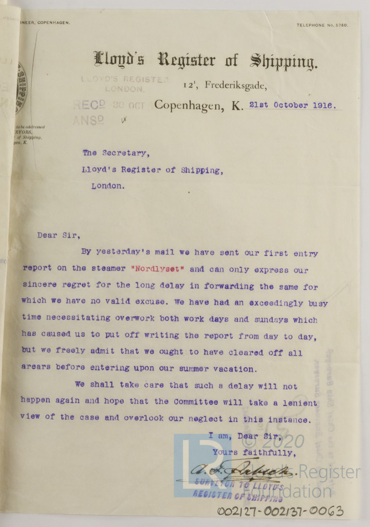 Letter from A F Orbech, Copenhagen Surveyor, to the Secretary for Lloyd's Register regarding Nordlyset, 21st October 1916
