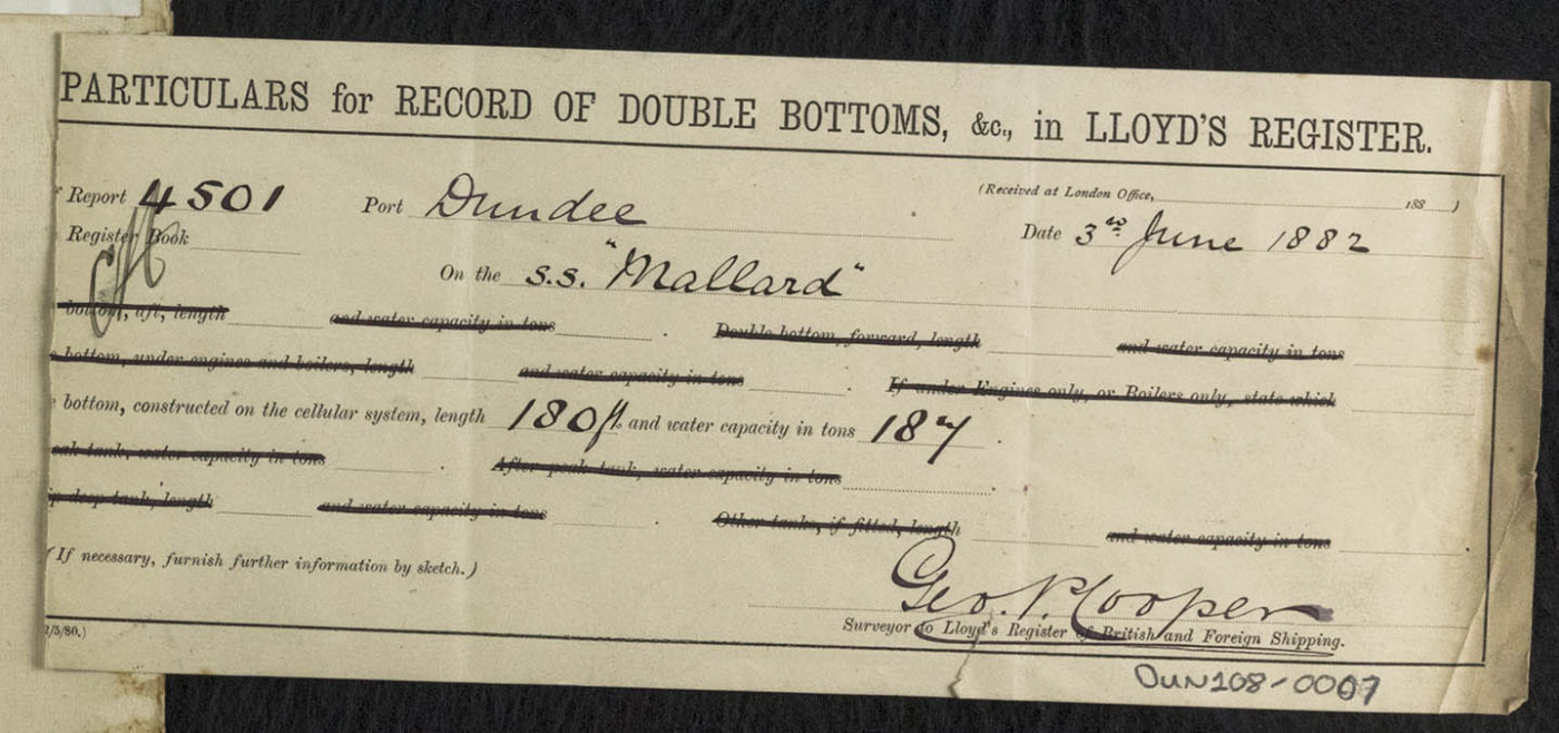 Particulars for Record of Double Bottoms, &c, in Lloyd's Register for Mallard, 3rd June 1882