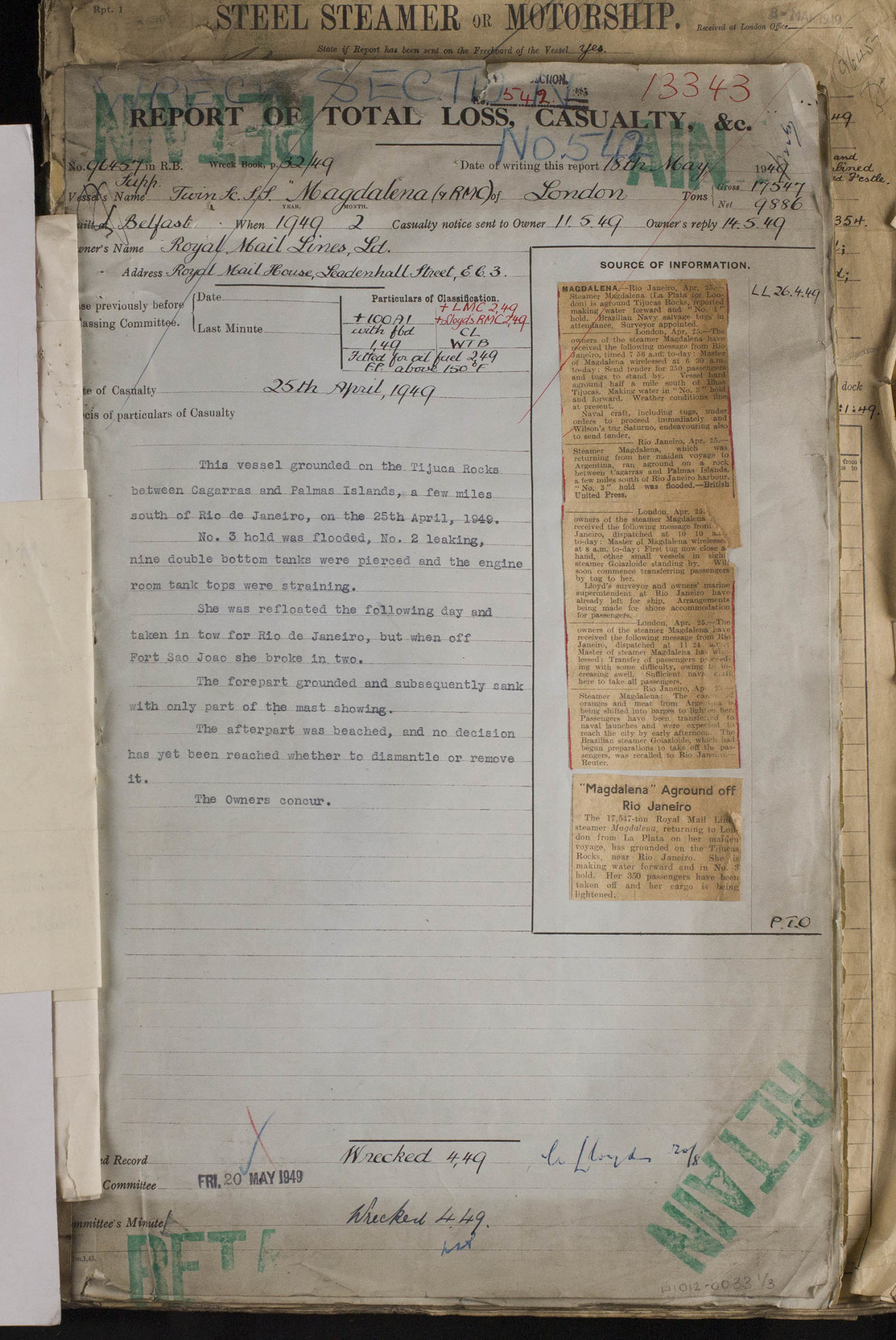 Report of Total Loss and Casualty for Magdalena, 18th May 1949