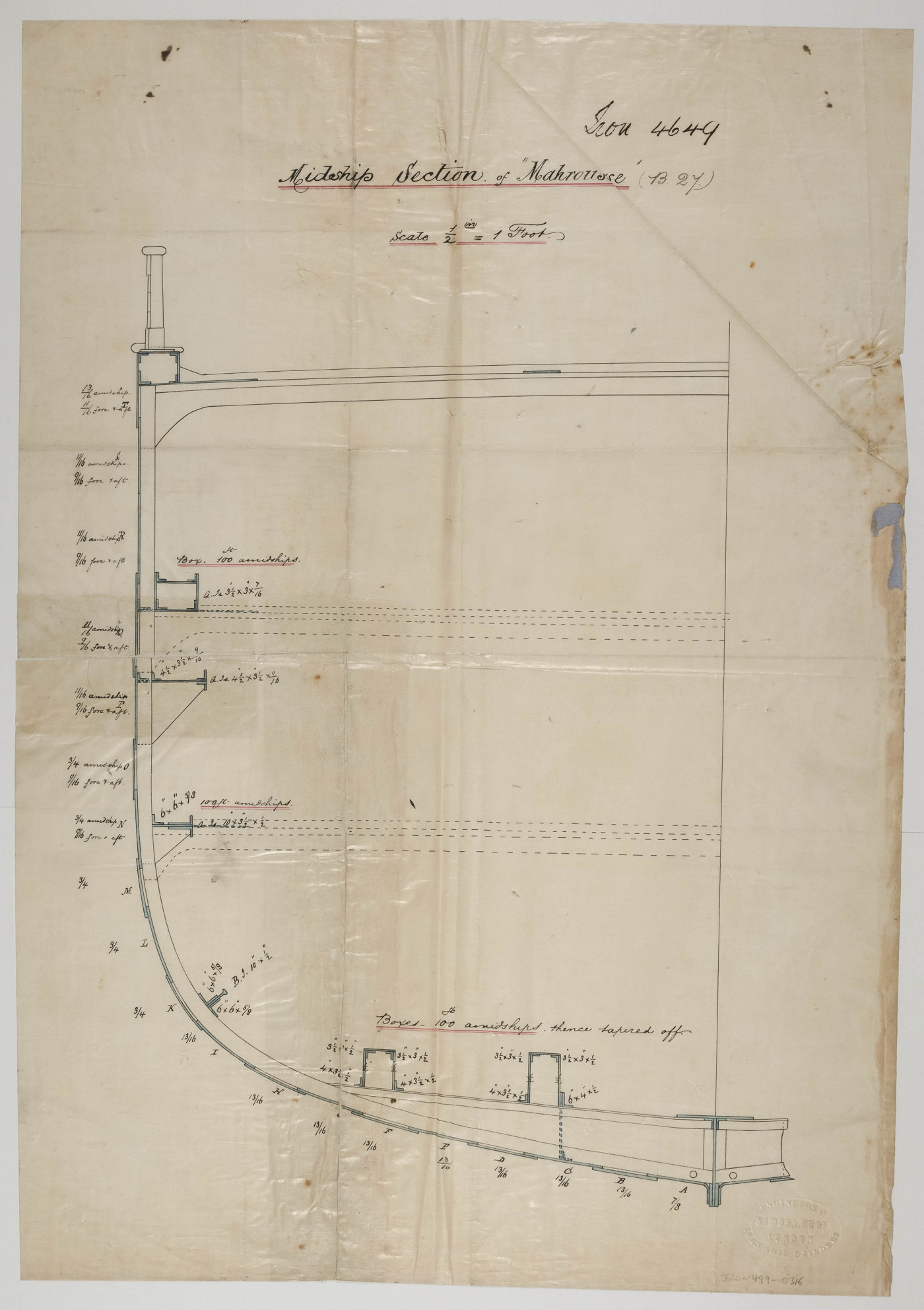 Half Midship Section Plan for <i>Mahrousse</i>,