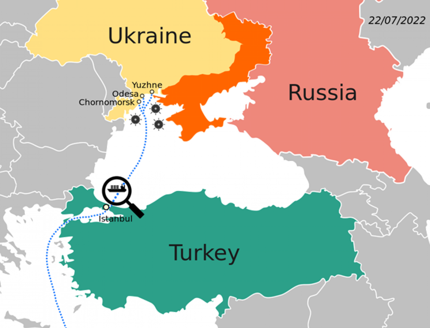 Map of the route of the Black Sea Initiative aka Ukrainian grain deal as of November 2022