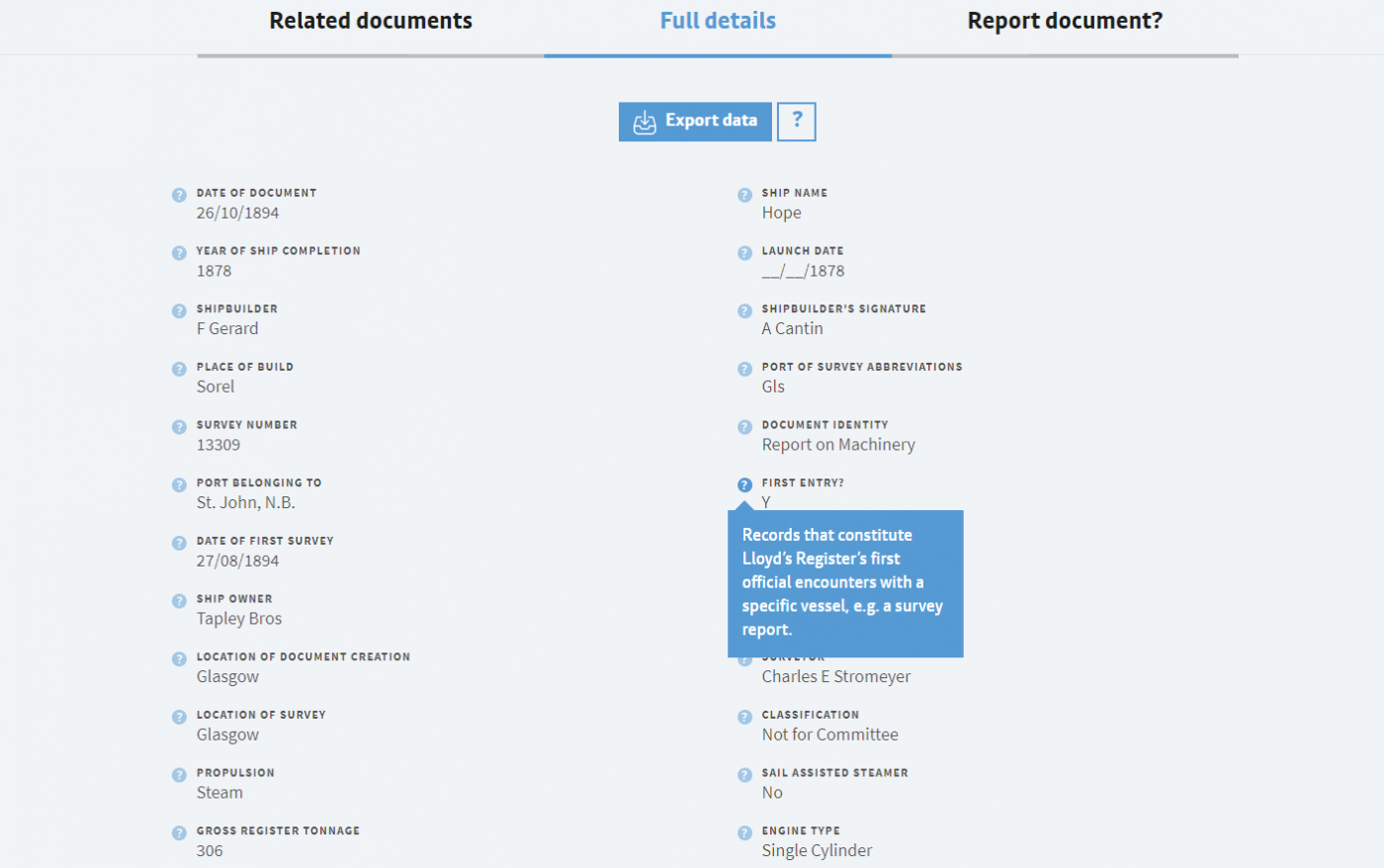 Website users can hover over individual fields for further information on the context and definitions for individual catalogued fields.