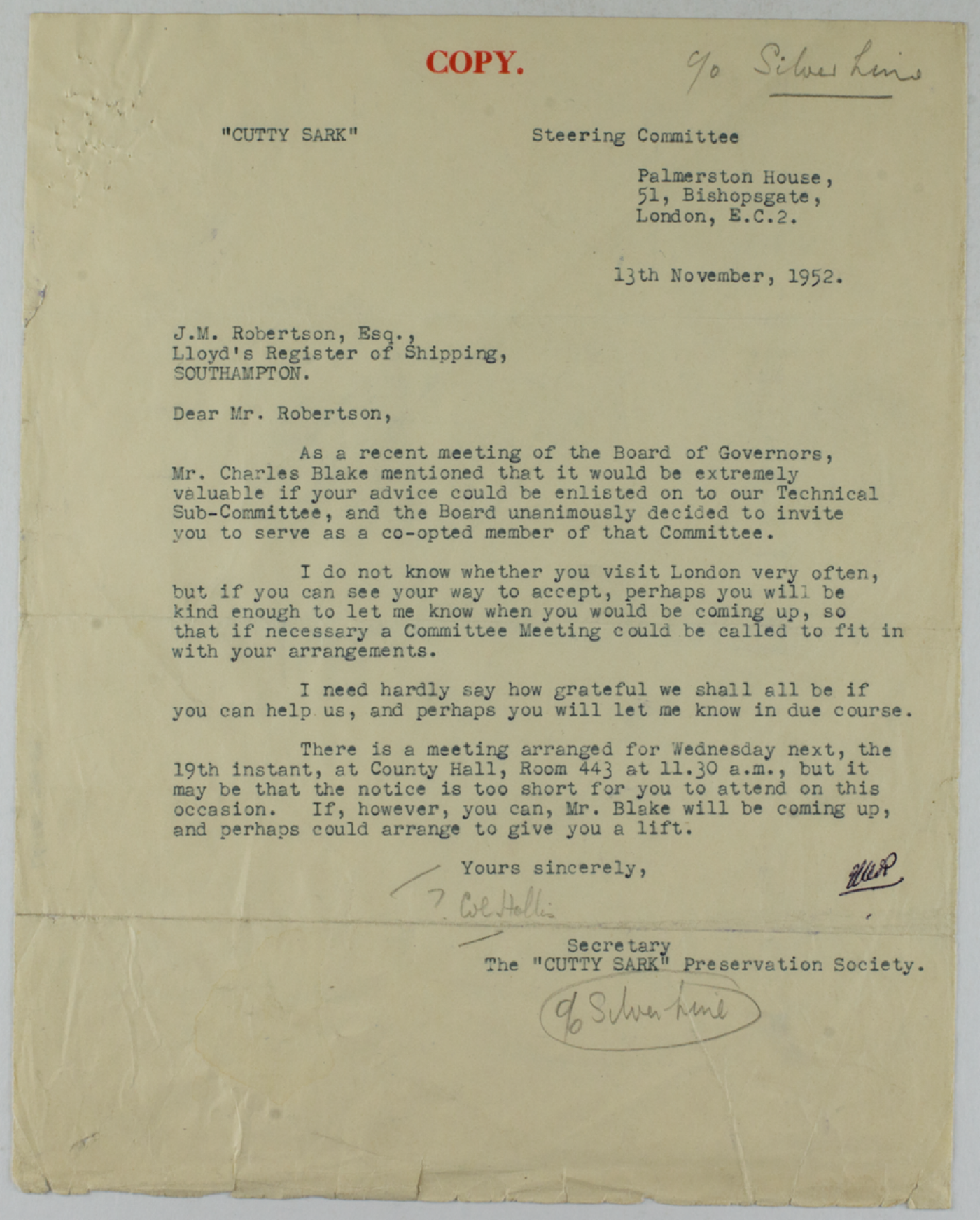 letter from the Secretary of the Cutty Sark Preservation Society