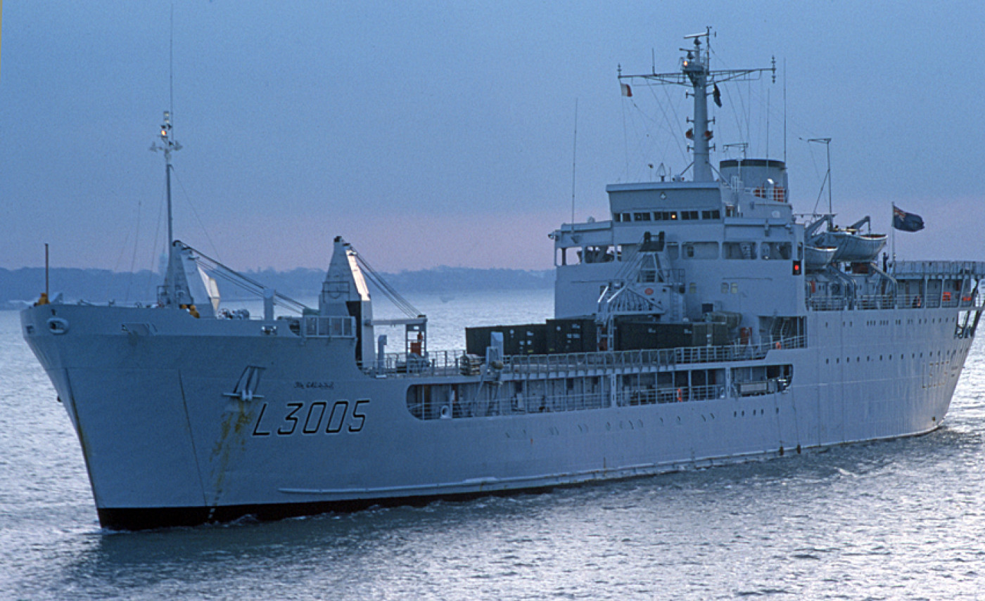 RFA Sir Galahad departing from Marchwood in 1979. Later sunk by air attack in the Falklands War.