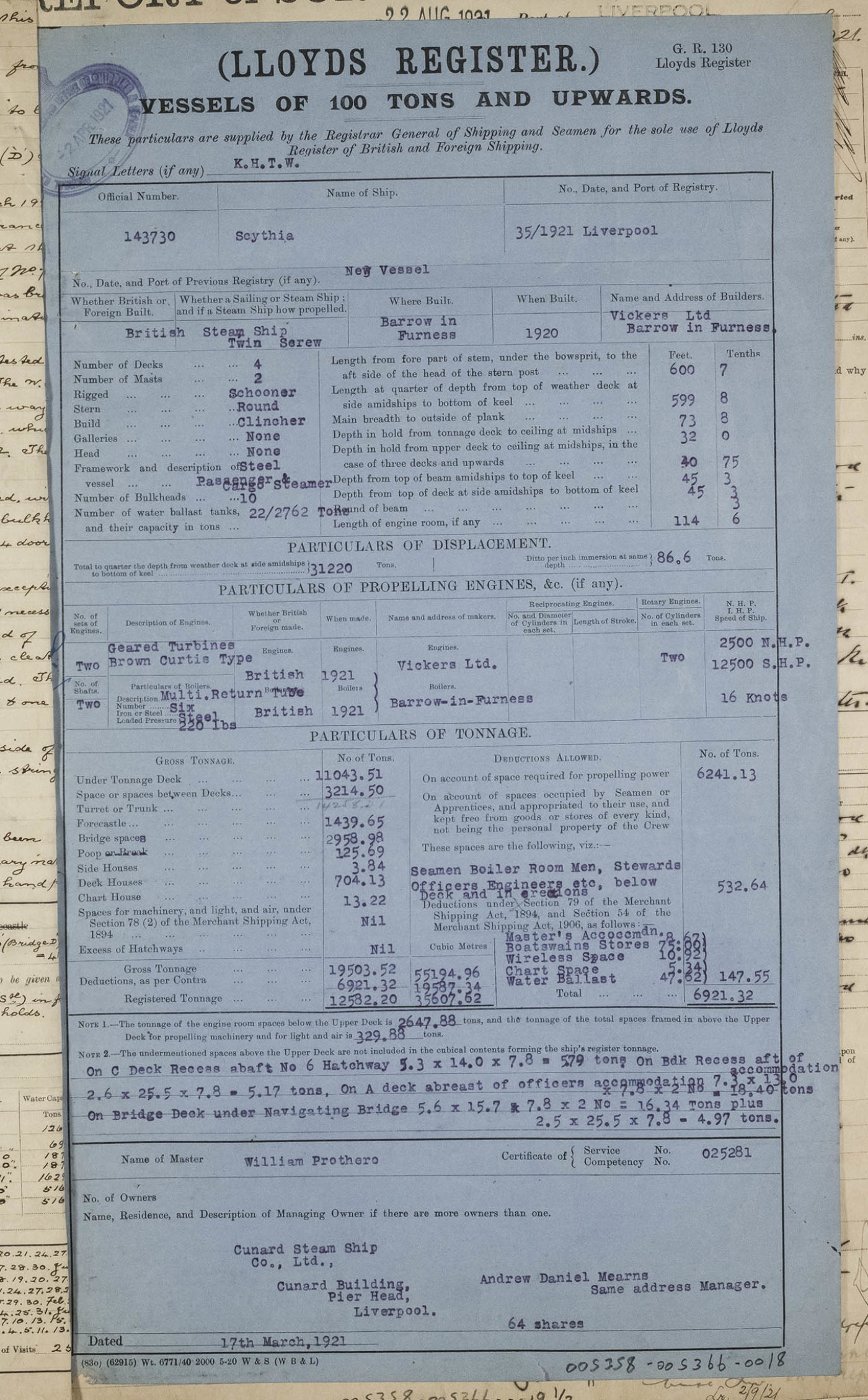 Form for Vessels of 100 Tons & Upwards for Scythia, 17th March 1921  