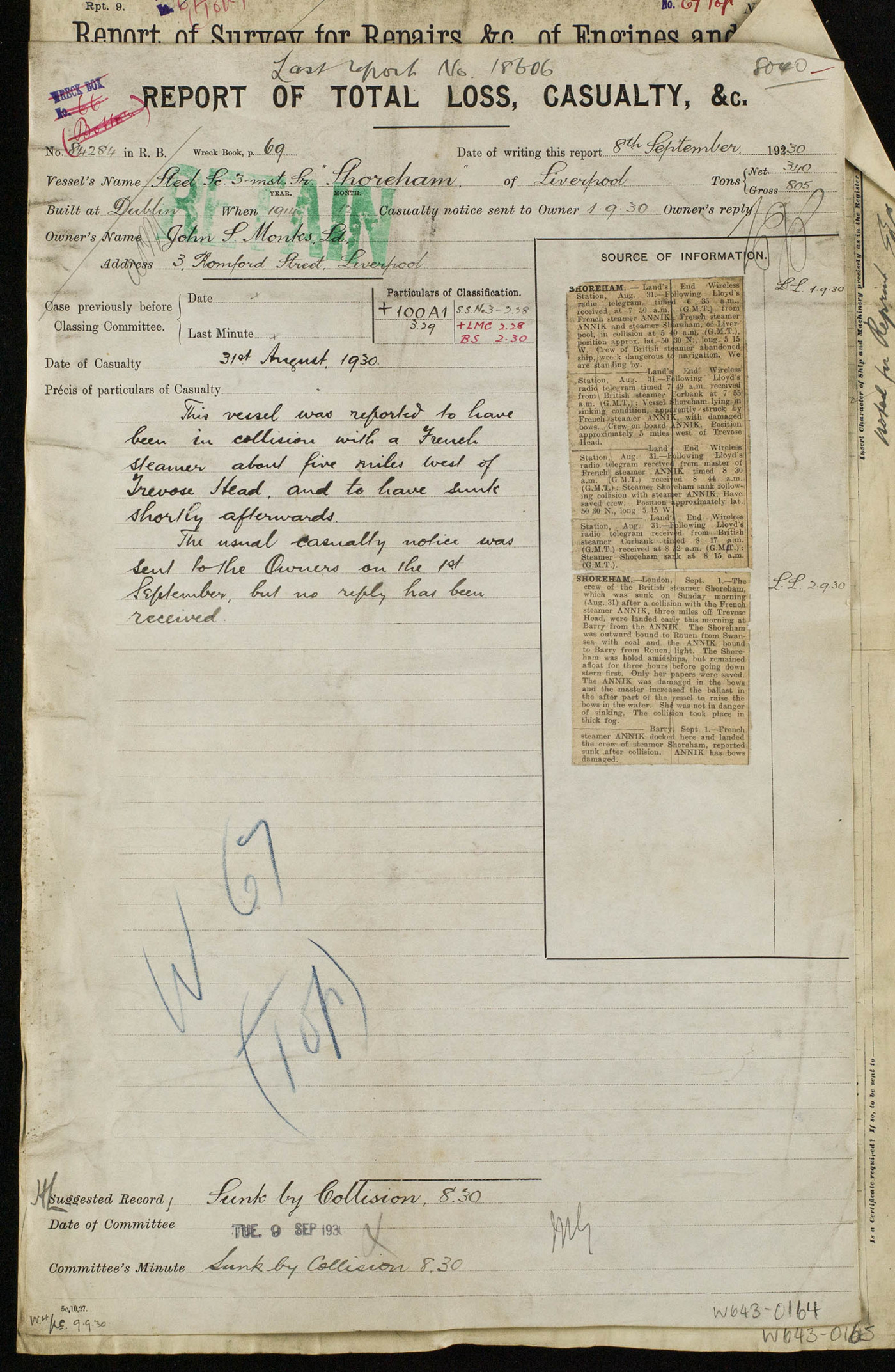 A sample of the Wreck Report of Total Loss and Casualty used by Lloyd's Register. This report records the sinking of the steel screw three masted schooner Shoreham after a collision with a French trawler, 5 miles off Trevose Head.