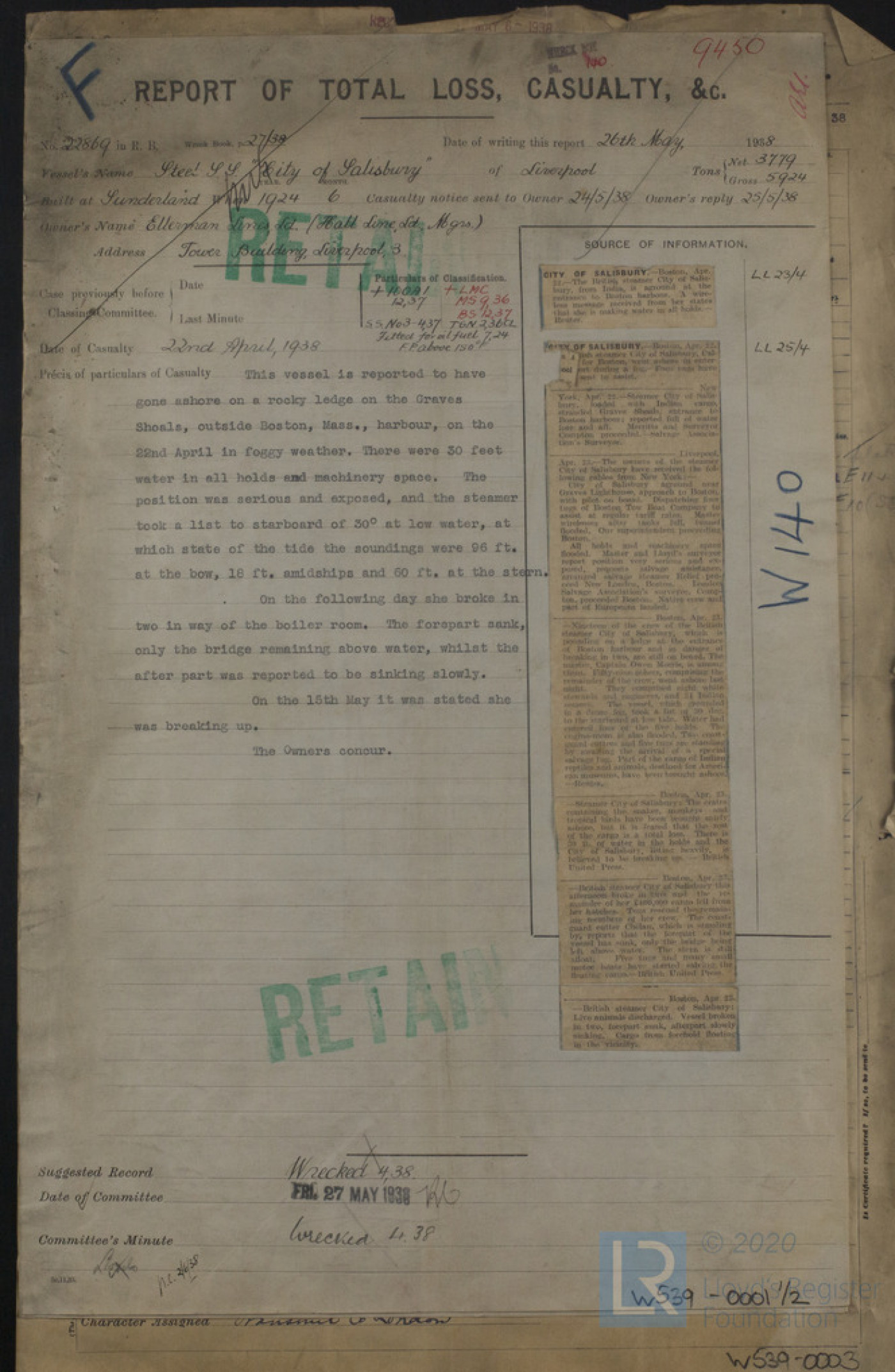 Report of Total Loss, Casualty, &c for City of Salisbury, 26th May 1938
