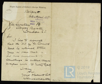 Letter From James Maxton To The Secretary Lloyd's Register London Ec ...