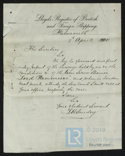 Letter From J H Sandry To The Lloyds Register Of British & Foreign ...