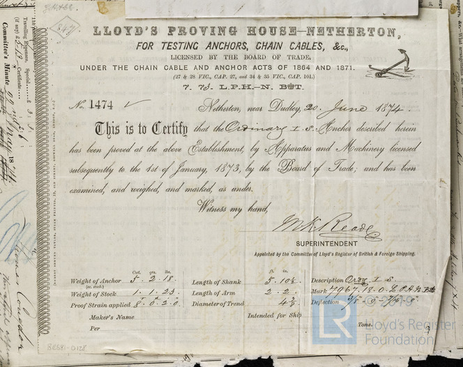 Certificate Of Test Of Chain Cables Or Anchors For th June 1874 Documents Archive Library Heritage Education Centre