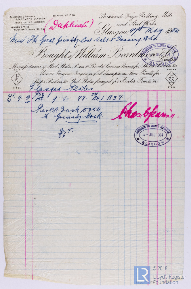 Duplicate Of Receipt For Steel Plates From William Beardmore & Co To ...