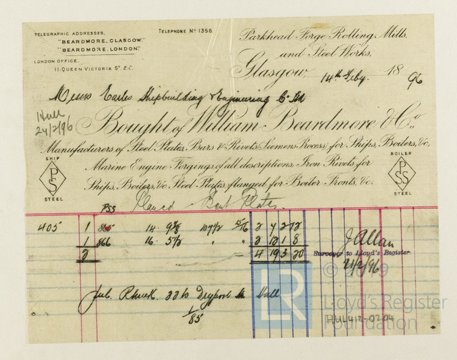 Receipt For Materials Manufactured By William Beardmore & Co For Argo