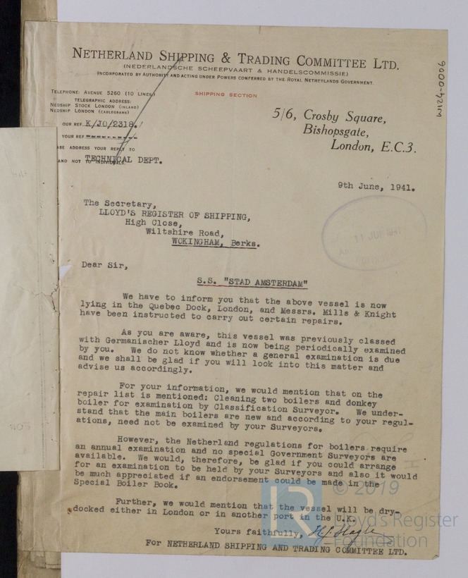 Letter From Netherland Shipping & Trading Committee Ltd To The Secretary Of  Lloyd's Register Wokingham Regarding Repairs & Examination Of Stad  Amsterdam 9th June 1941, Documents, Archive & Library