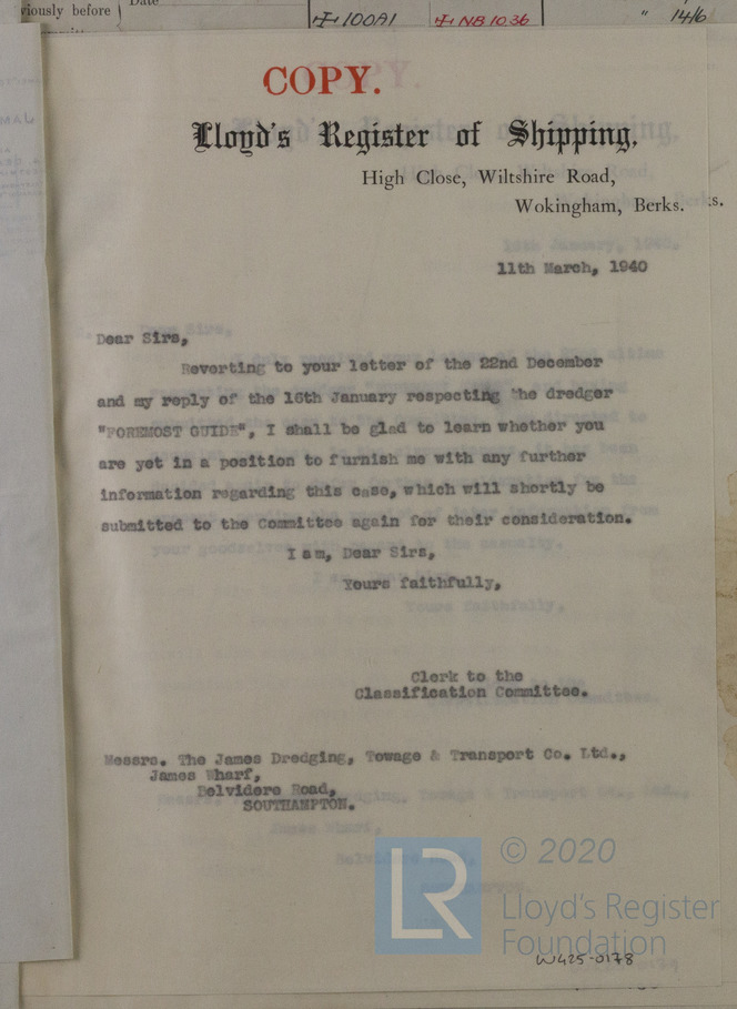 Letter From Clerk To The Classification Committee Lloyd's Register