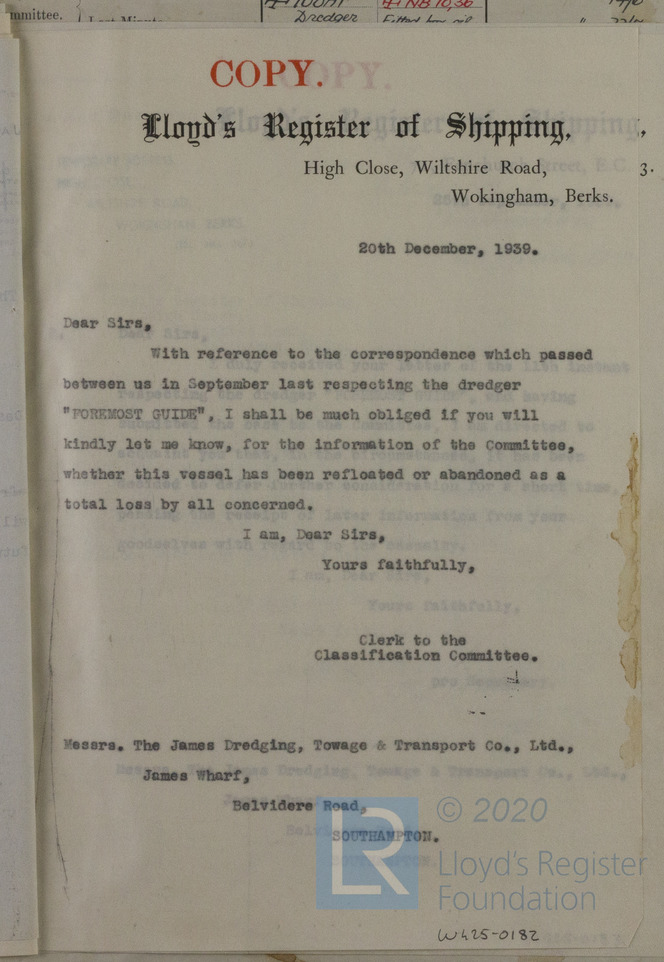 Letter From Clerk To The Classification Committee Lloyd's Register